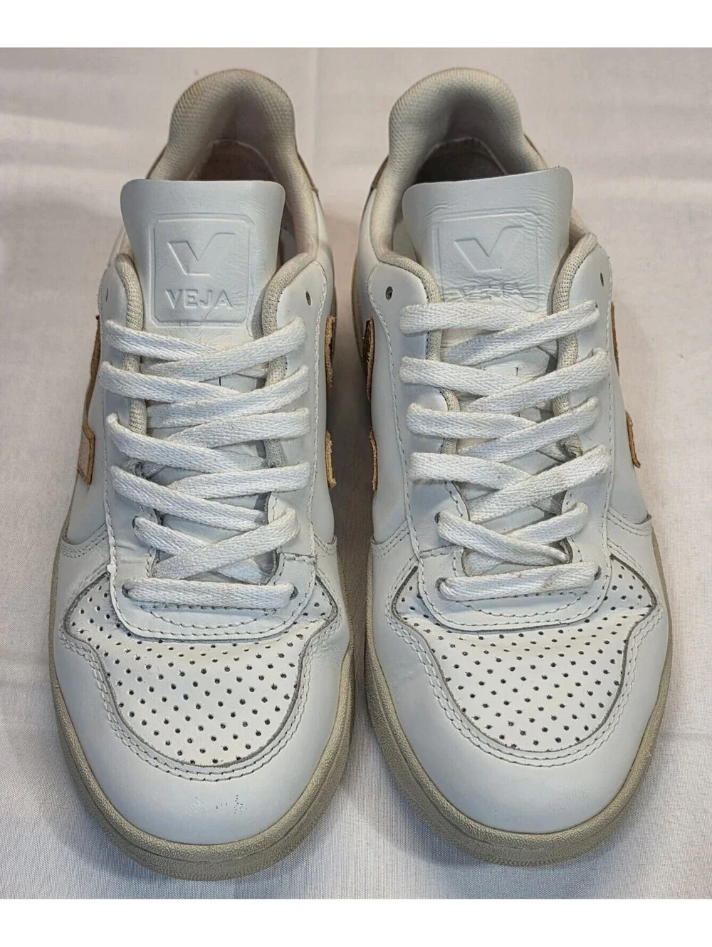 Veja V-10 White Leather Sneakers with Gold Accents, Size 38